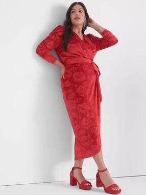 🚨NEW LANE BRYANT Red Floral Puff-Sleeve Embossed Velvet Midi Dress Sz 18/20
